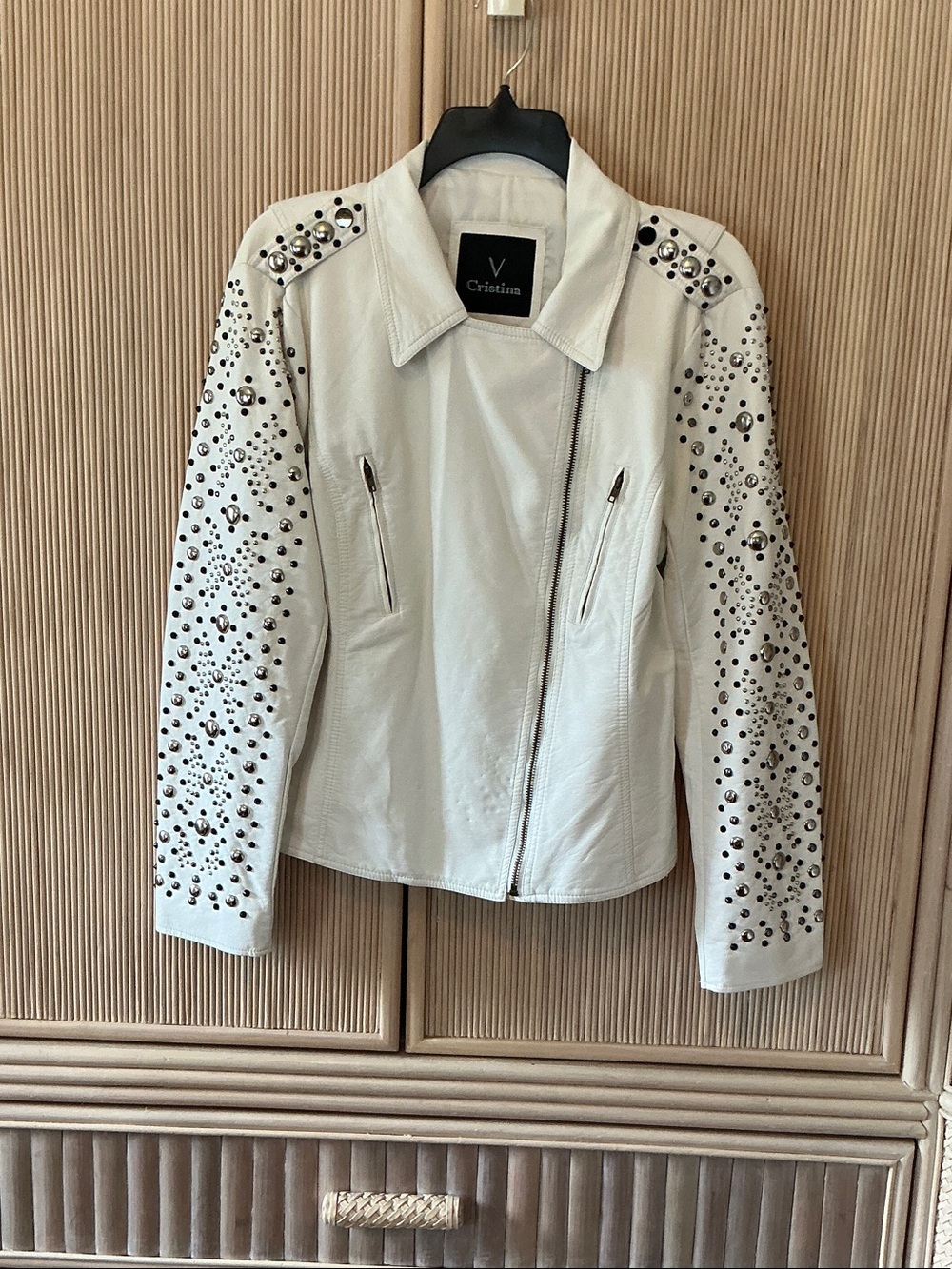Christina White Leather Studded Moto Jacket